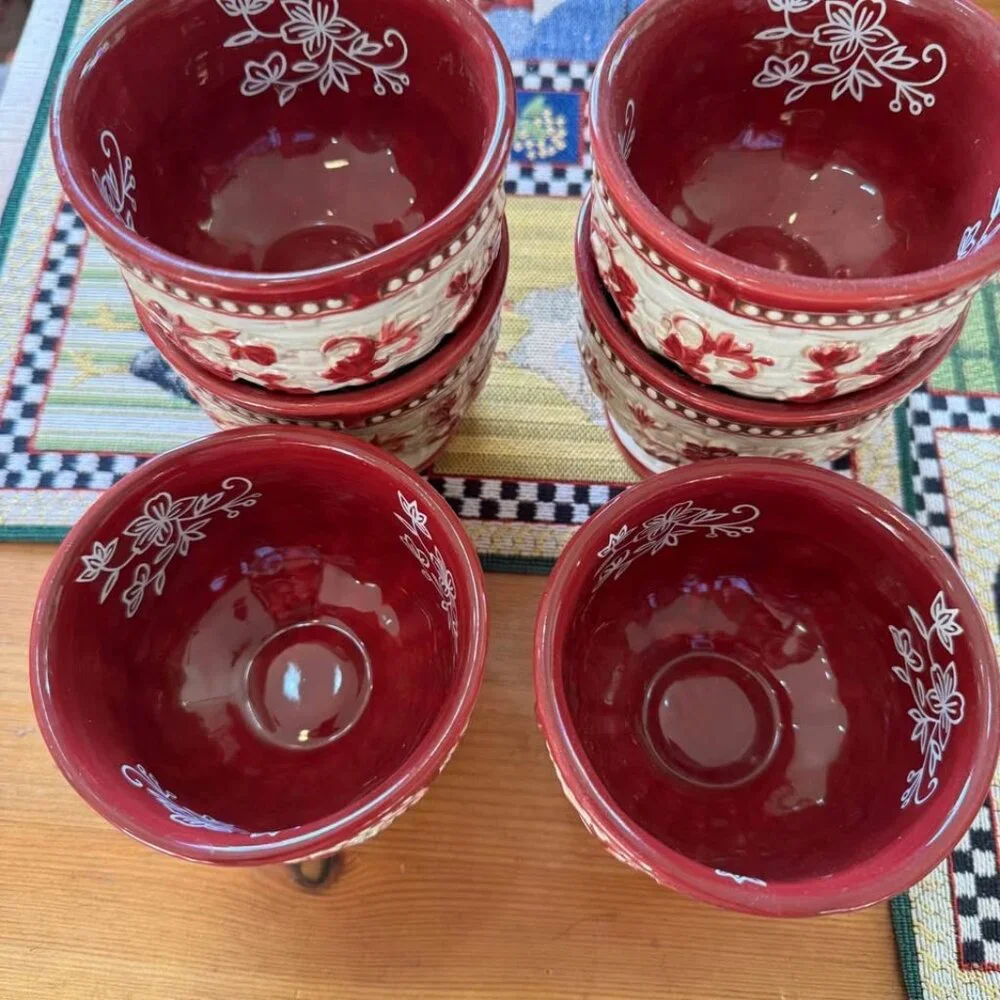 Temptations Red Floral Lace Basketweave Old World Design Stoneware 6pcs